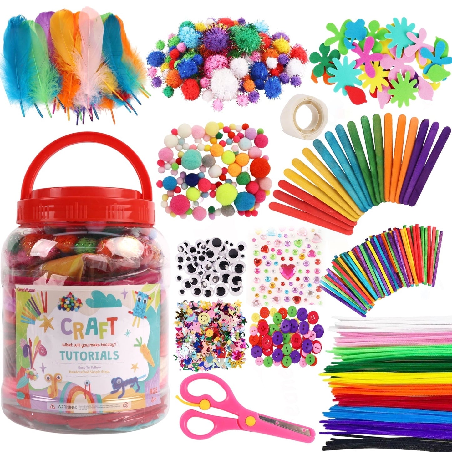 CandWuom Arts & Crafts Supplies Kits & Materials Set for Kids - 1000Pcs+ Craft Kit with Pipe Cleaners Pom Poms Craft for Kids Ages 4-8 Girls & Boys Birthday Gifts