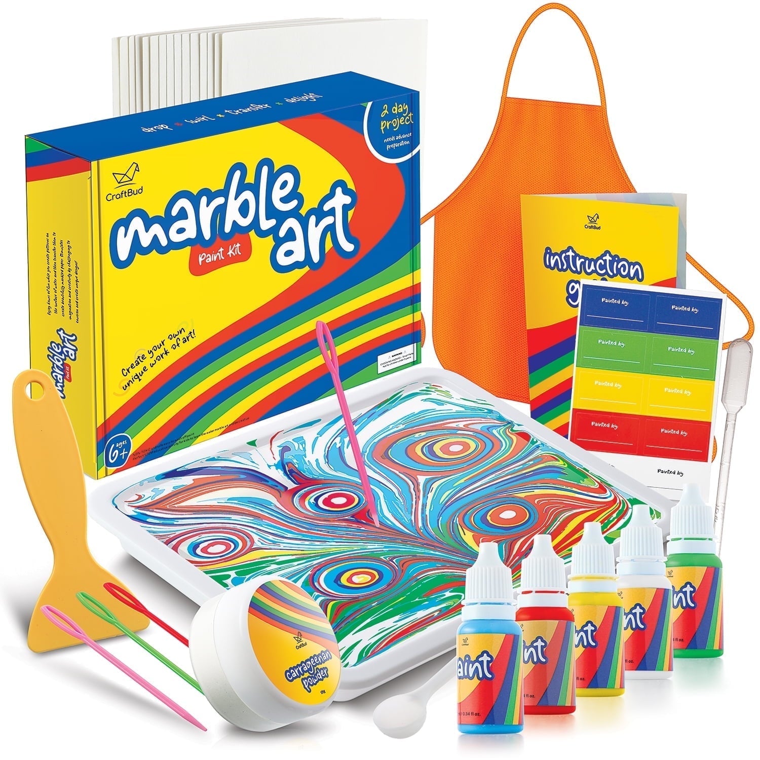 CraftBud Craft Supplies Marbling Paint Kit & Toy for Kids Art with 5 Paint Colors, Water Art Paint Set Comes with Guide Book , Arts and Crafts for Girls & Boys Ages 6+