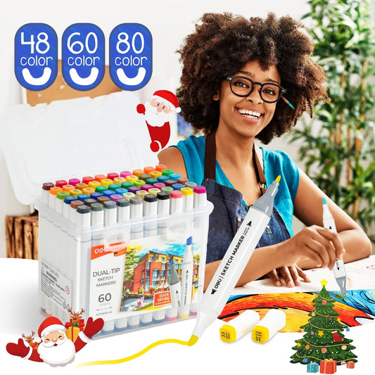 Deli 60 Colors Dual Tip Permanent Markers, Art Alcohol Markers Set Art Supplies with Storage Box