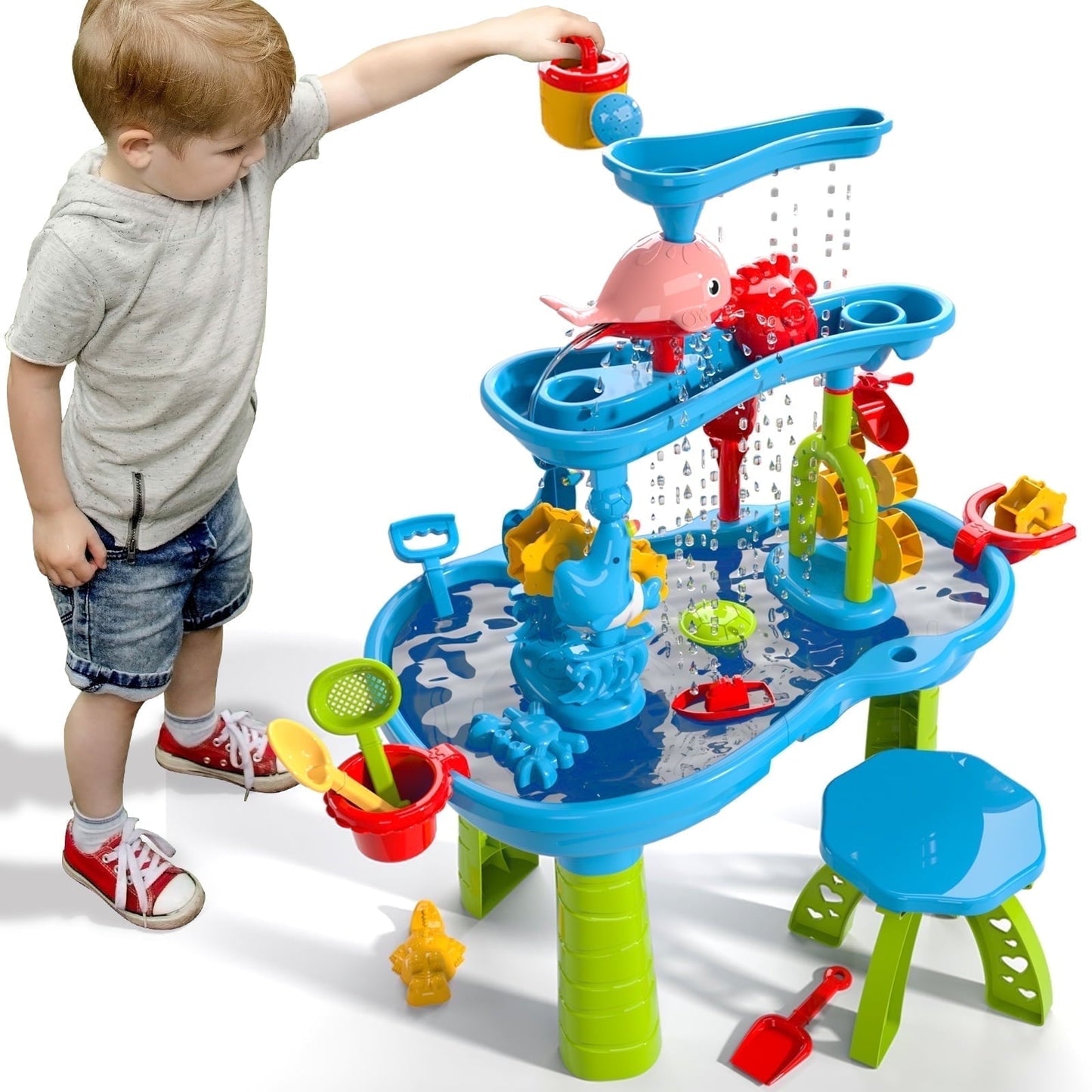 Dinosaur Planet Kids Sand Water Table for Toddlers, 3-Tier Sand and Water Play Table Toys for Toddlers Kids, Activity Sensory Tables Outside Beach Toys for Toddler Boys Girls Age 1-3 3-5Gift