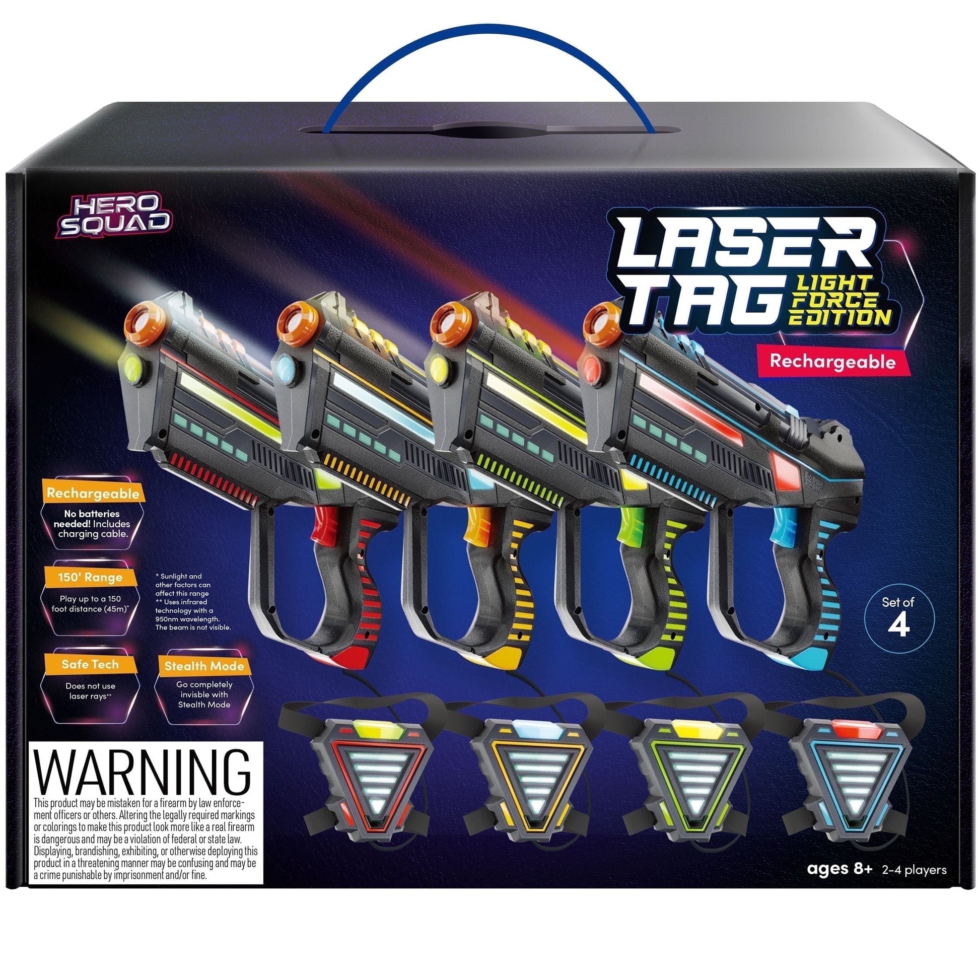Hero Squad Rechargeable Laser Tag - 360 Sensors & LCDs - Set of 4 - Gift for Kids, Teens & Adults