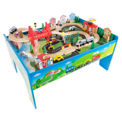 Hey Play 75-Piece Wooden Train Set with Illustrated Toy Storage Play Table