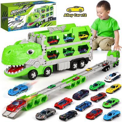 Huge Wave Toy Trucks Cars for Boys, Dinosaur Transport Race Set, with 66-Inch Ejection Track, 12 Die-Cast Metal Cars, Christmas Gifts for Kids for 3-8 Years Old