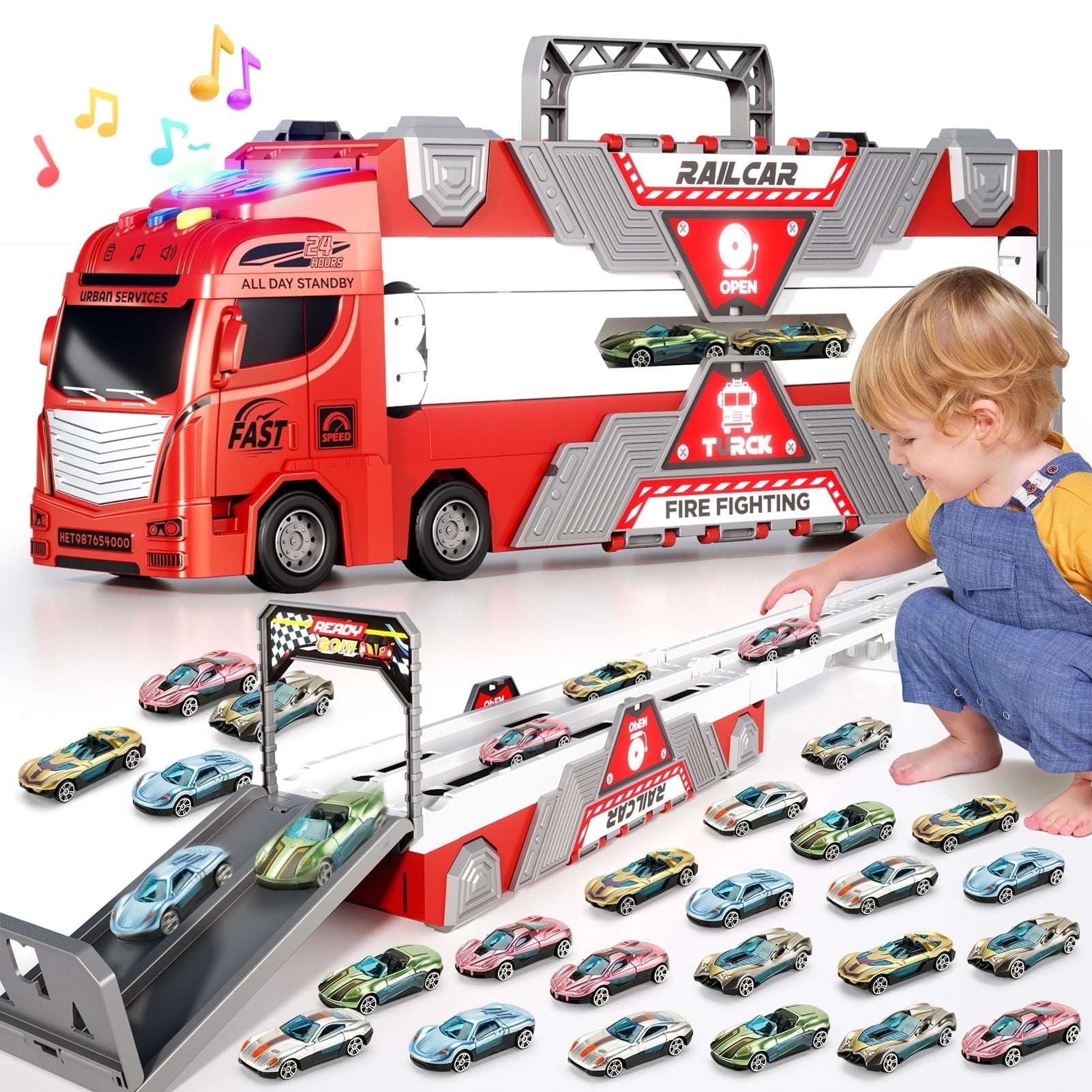 Jiakora Fire Engine Transport Truck Car Toy for Kids, 3-in-1 Ejection Folding Track Toys, Portable Truck with 20 Race Cars, Best Gift for Boys Girls Kids