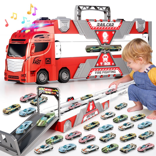 Jiakora Fire Engine Transport Truck Car Toy for Kids, 3-in-1 Ejection Folding Track Toys, Portable Truck with 20 Race Cars, Best Gift for Boys Girls Kids