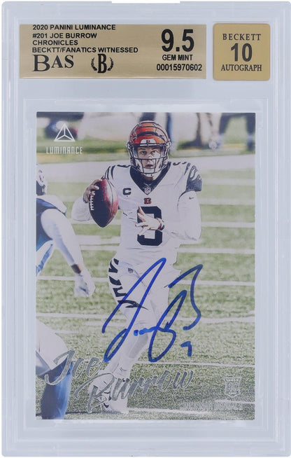 Joe Burrow Cincinnati Bengals Autographed 2020 Panini Luminance #201 Beckett Fanatics Witnessed Authenticated 9.5/10 Rookie Card - 9.5,9.5,9.5,10 Subgrades - Fanatics Authentic Certified