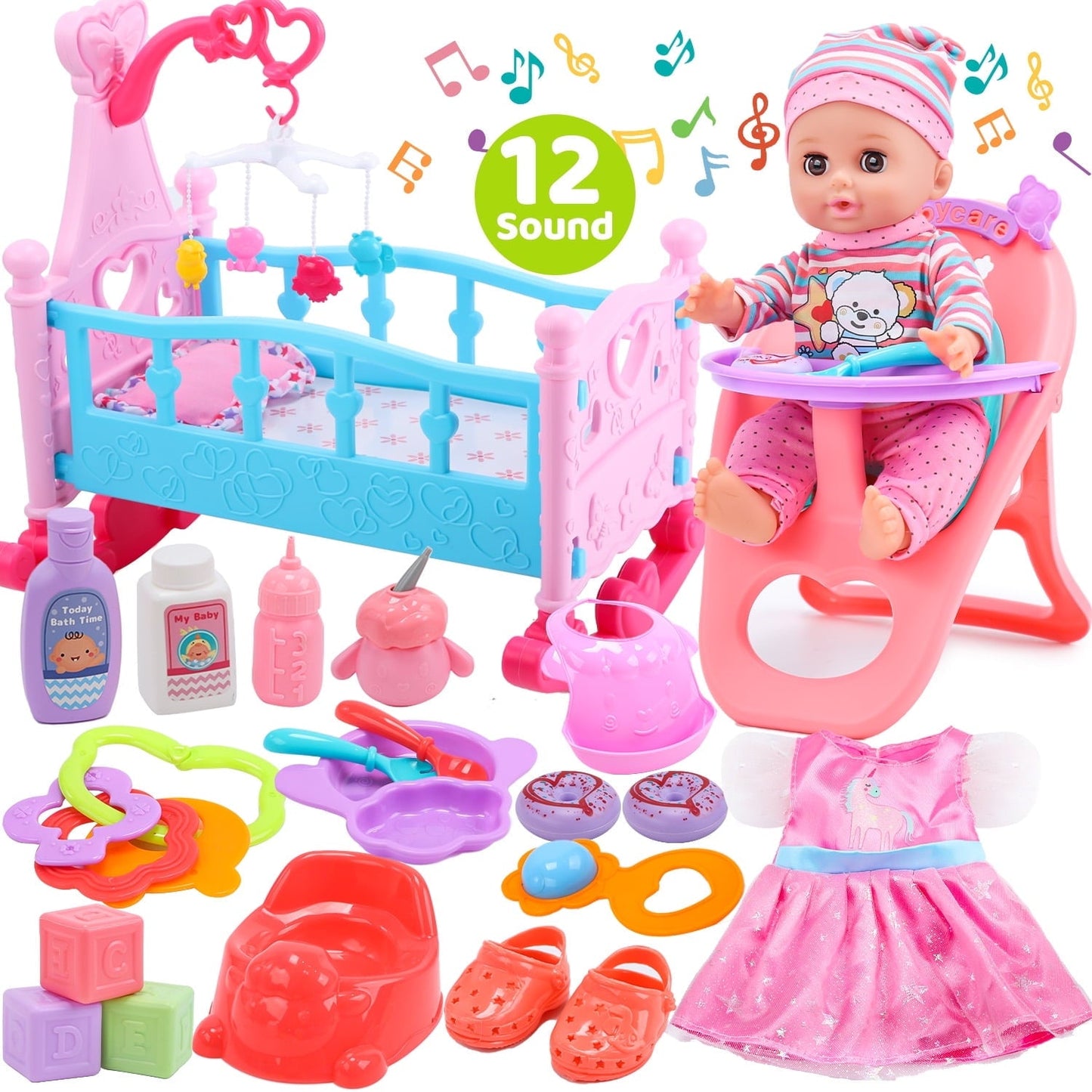 JoyStone Baby Play Set with 12.5" Doll, Crib, High Chair, 41 Pcs Accessories & 2 Outfits, Pretend Play Toys for Girls Toddlers