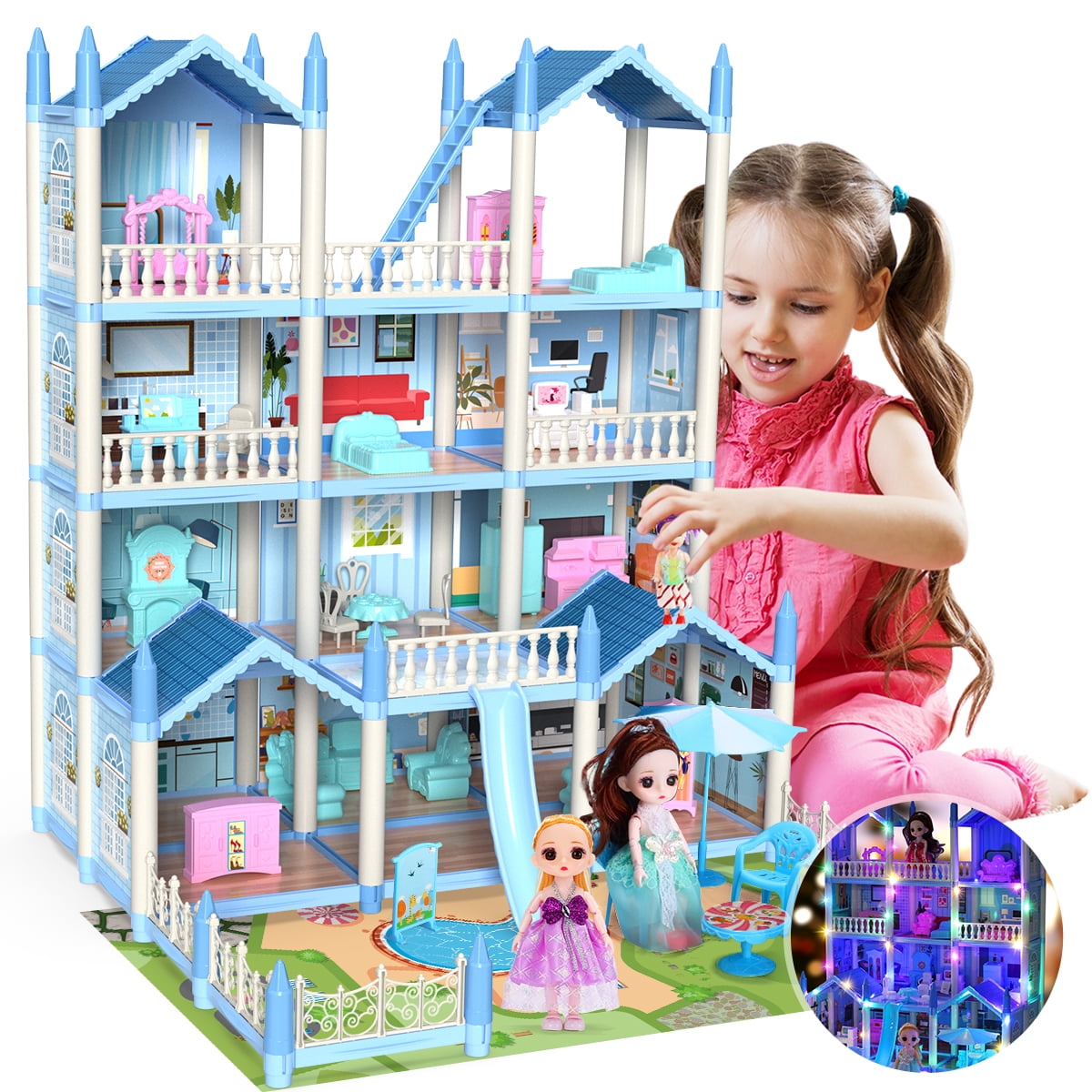 JoyStone Play Dollhouse with Doll Toy Figures, 14 Rooms Furniture and Colorful Lights, Creative Doll House Gift for Girls Ages 3+, Assemble Required, Pink