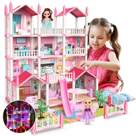 JoyStone Play Dollhouse with Doll Toy Figures, 14 Rooms Furniture and Colorful Lights, Creative Doll House Gift for Girls Ages 3+, Assemble Required, Pink