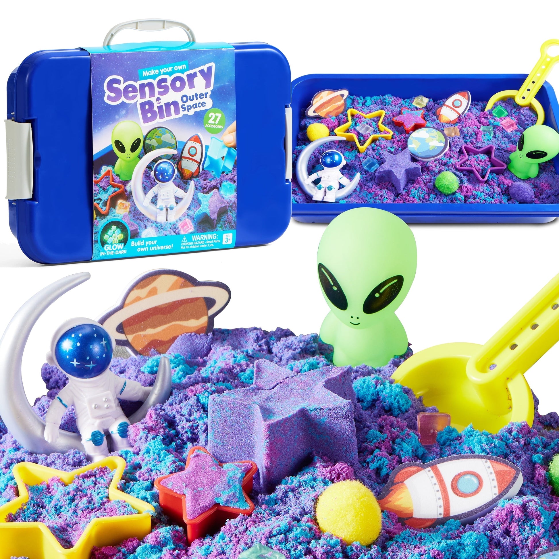 Klever Kits Sensory Bin, Outer Space Themed with Glow-in-The-Dark Alien Figure, Play Sand Toy Gifts for Boys Girls Age 3+