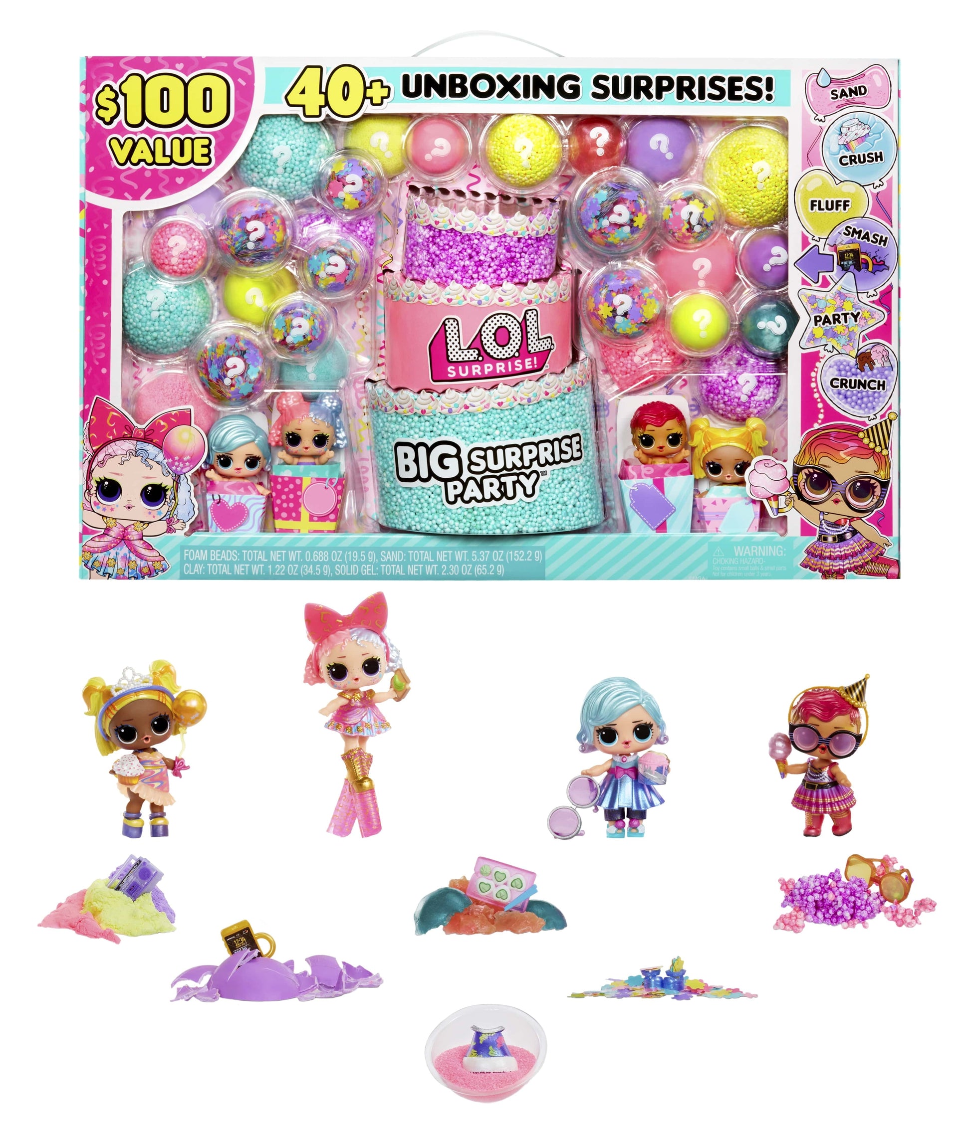 LOL Surprise Big Surprise Party, 4 Collectible Dolls, 6 Unboxing Experiences, Sand, Gel Crush, Shell Smash, Girls 4+