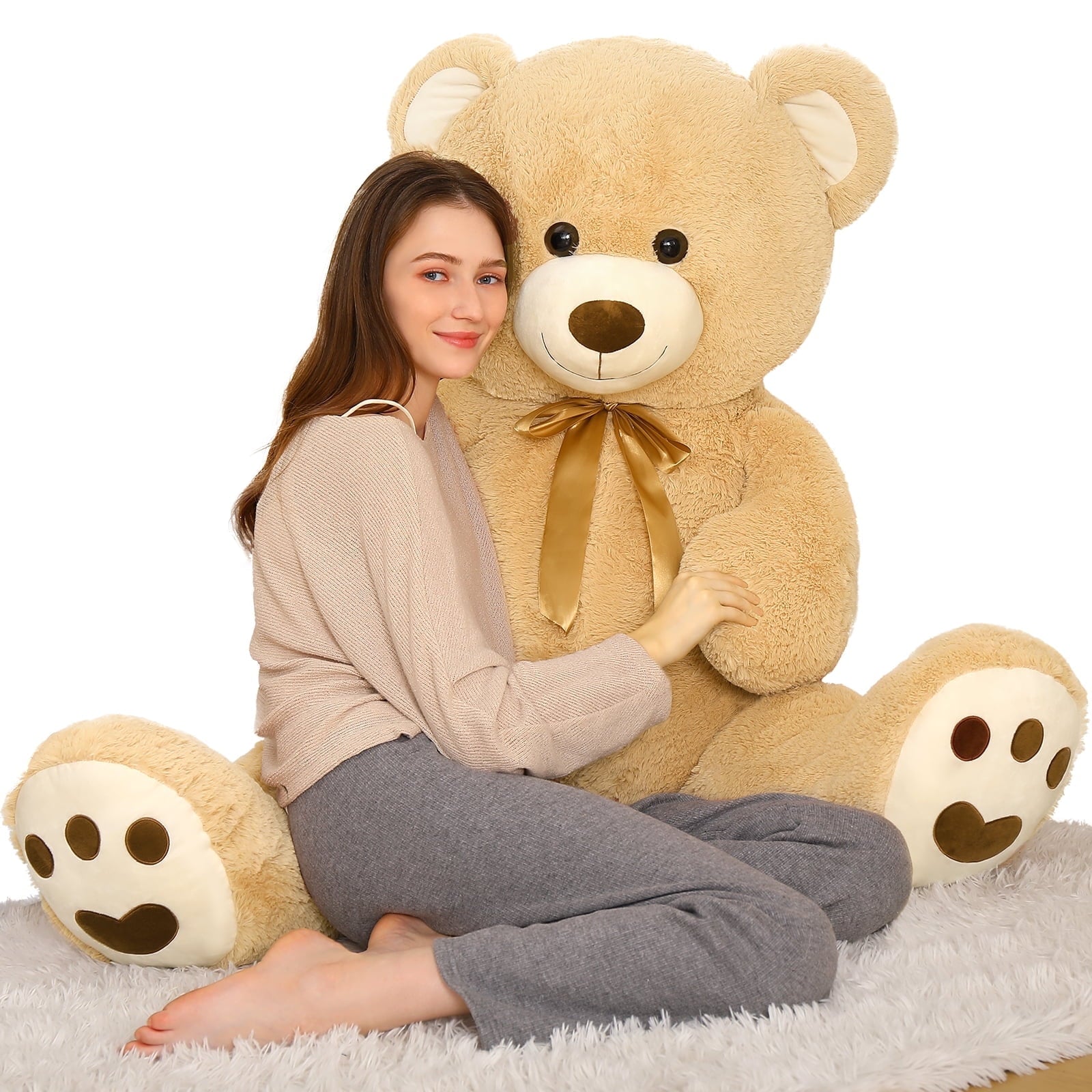 MorisMos Pink Giant Teddy Bear 35.4" Stuffed Animal Soft Big Plush Toy with Bowknot and Footprint