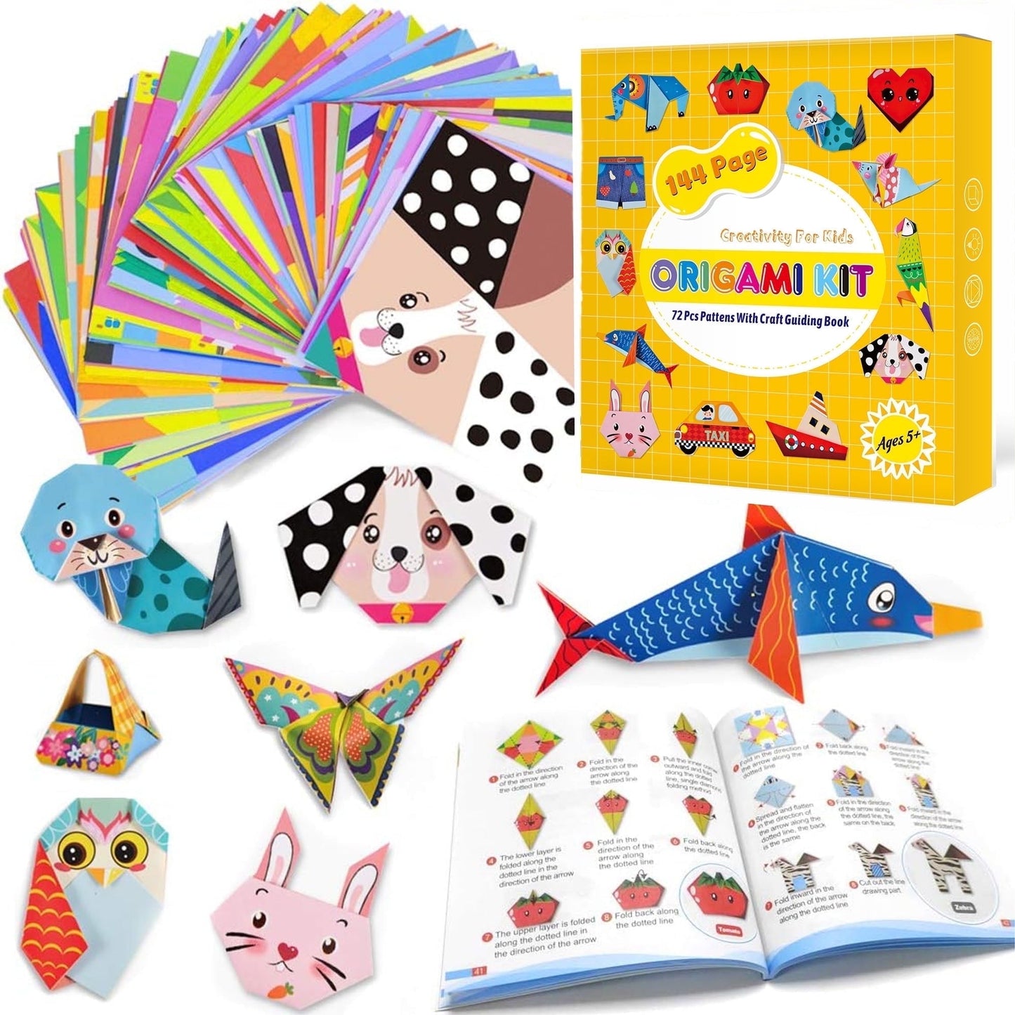Origami Kit 144 Sheets, Origami Paper Kit for Kids 72 Patterns with Craft Guiding Book, Vivid Colorful Folding Papers ,Easy DIY Art and Craft Projects, Kids Children's Day Gift