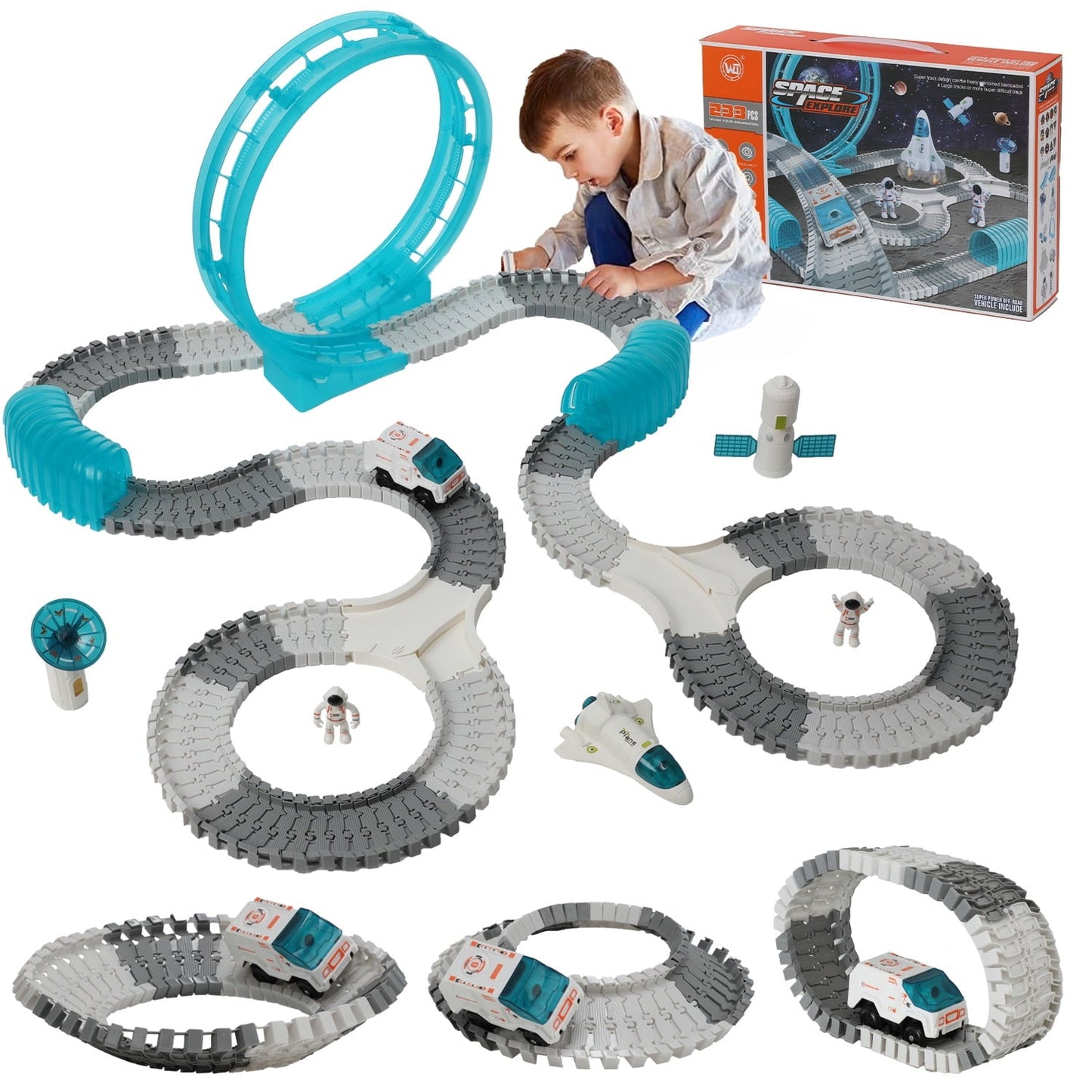 Petbank Space Toys for Kids, 233PCS STEM Train Toys with Light up Car and 2 Astronaut Dolls, DIY Flexible Race Track Birthday Xmas Gifts Set for Girls & Boys Aged 3-10