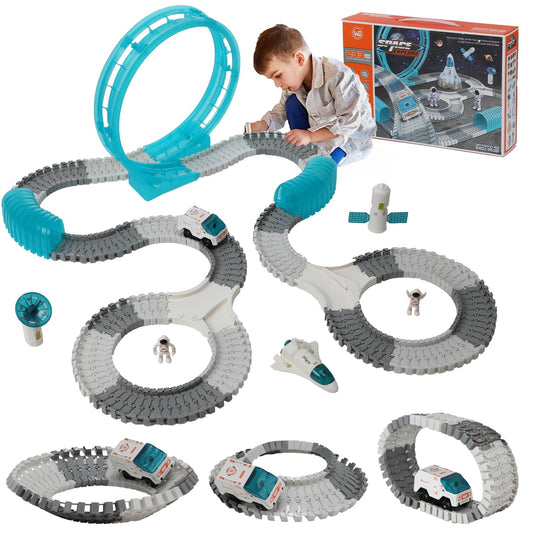 Petbank Space Toys for Kids, 233PCS STEM Train Toys with Light up Car and 2 Astronaut Dolls, DIY Flexible Race Track Birthday Xmas Gifts Set for Girls & Boys Aged 3-10