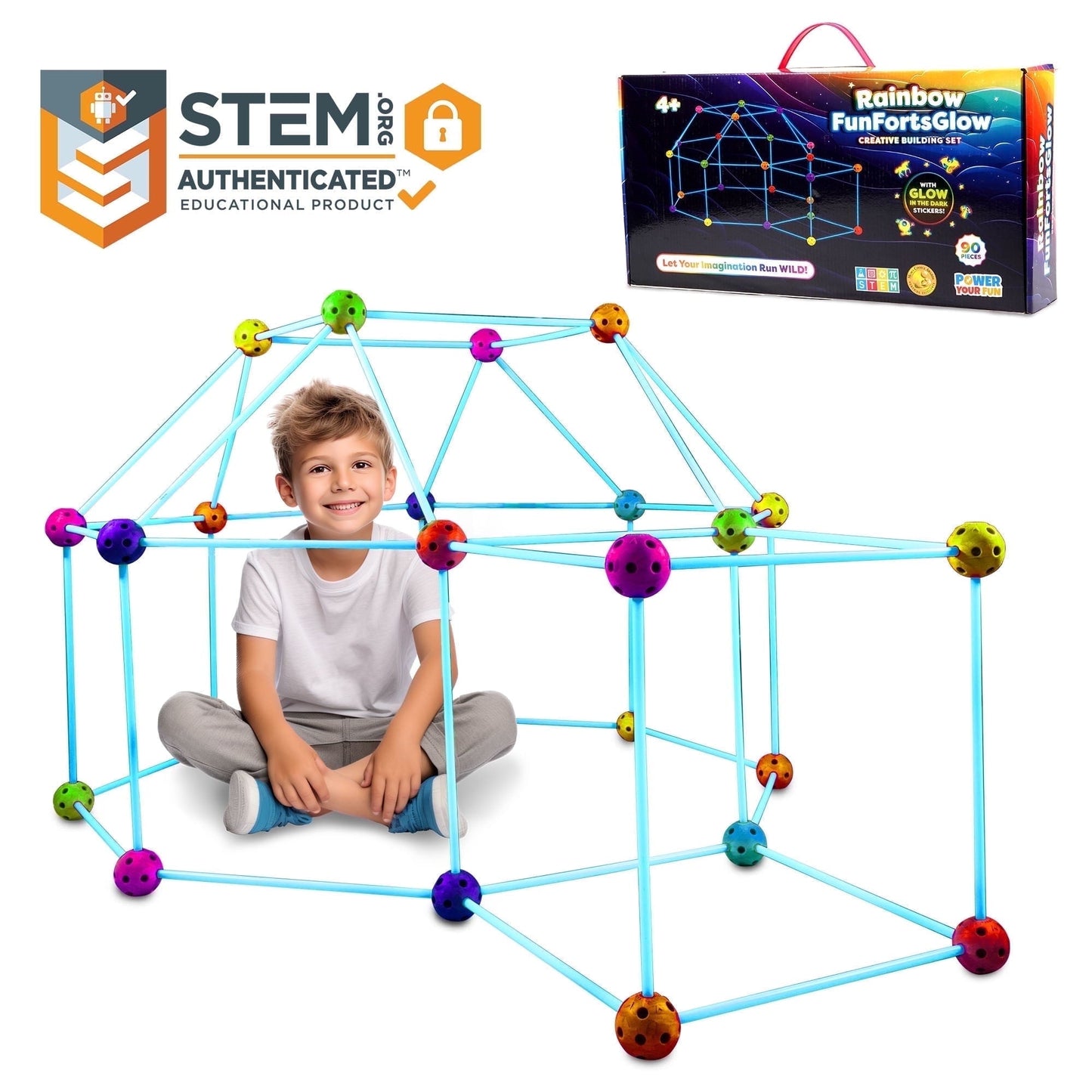 Power Your Fun Forts Construction Set, 90 Pieces Glow in the Dark Building Set with Stickers, Kids Toy for 4+ Years