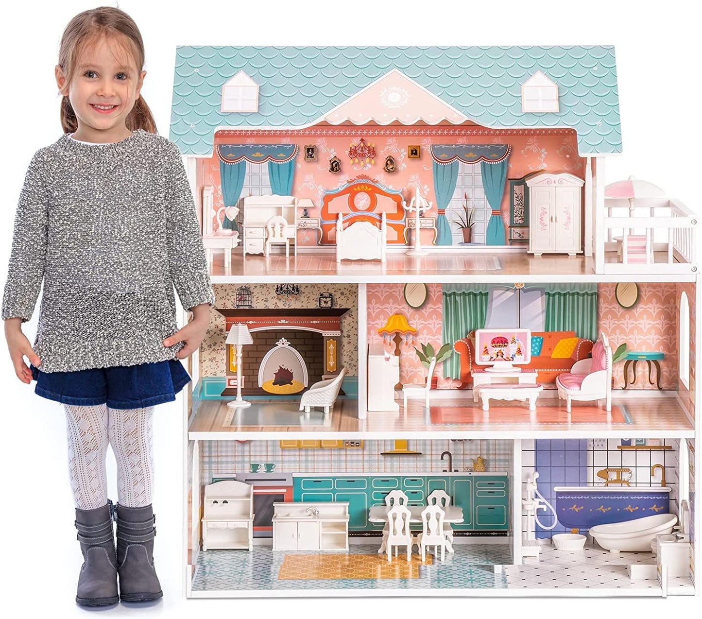 Robud Lady Wooden Dollhouse,3 Story with Balcony,28 Accessories Toy Gift for 3+Years Kid Girls