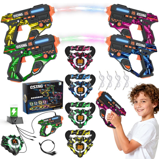 Hot Bee 4 Player Shooting Tag Set, Rechargeable Light-Up Score Vests & Infrared Blasters, Indoor Outdoor Family Battle Game Toys for Christmas Kids Gift Boys Girls Ages 6-12