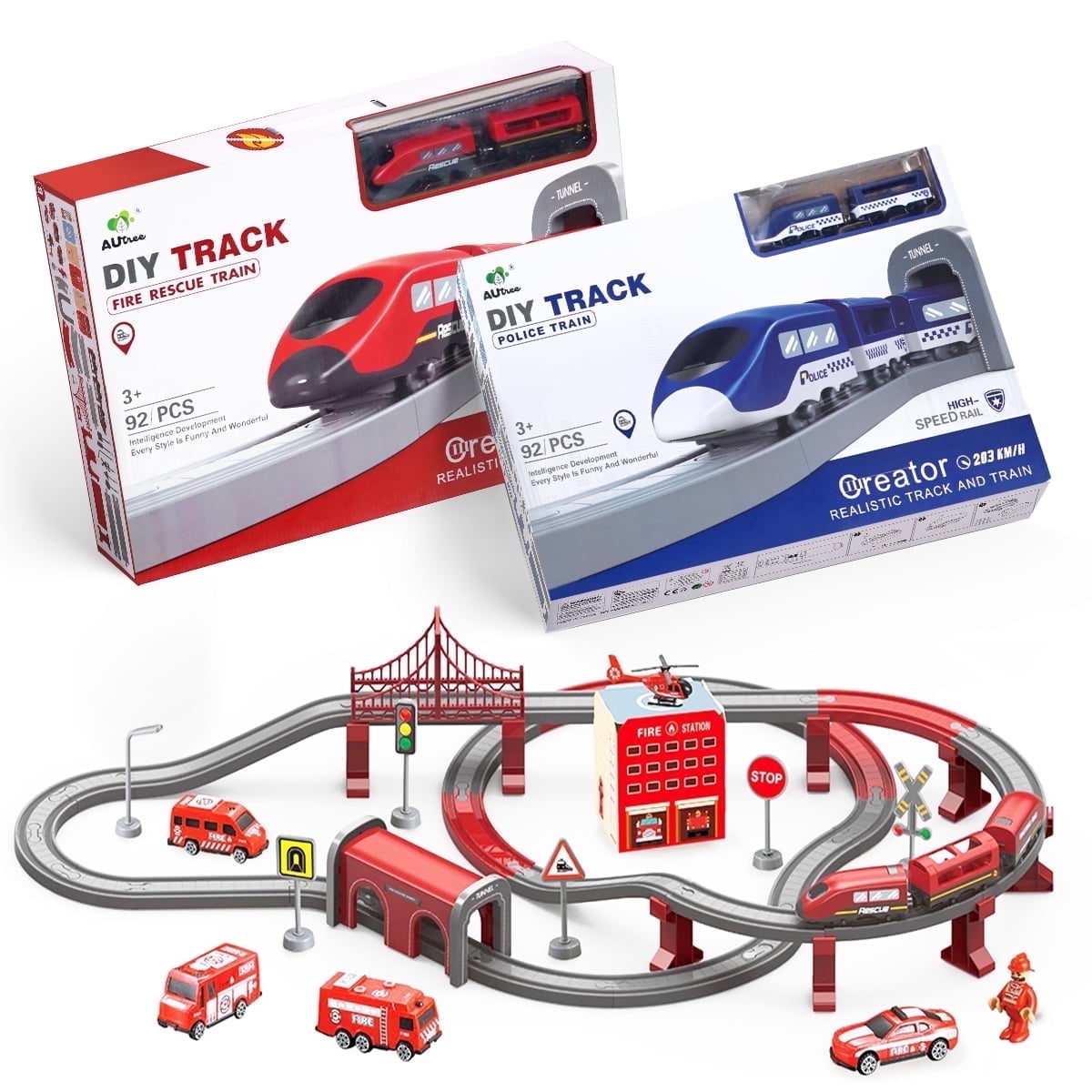 Toys Train Set for Kids, HDJ 92PCS Race Track Set for Boys Christmas Train Birthday Gift,Police Toy with Cars, Copter(Blue)