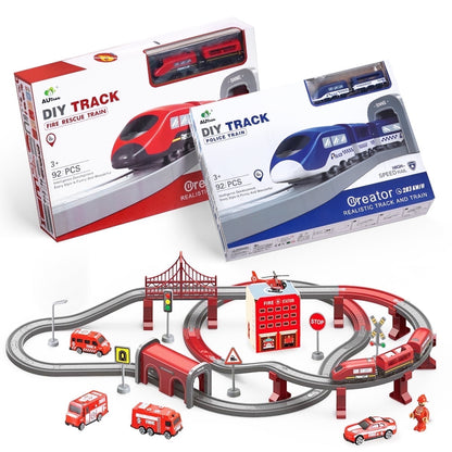 Toys Train Set for Kids, HDJ 92PCS Race Track Set for Boys Christmas Train Birthday Gift,Police Toy with Cars, Copter(Blue)