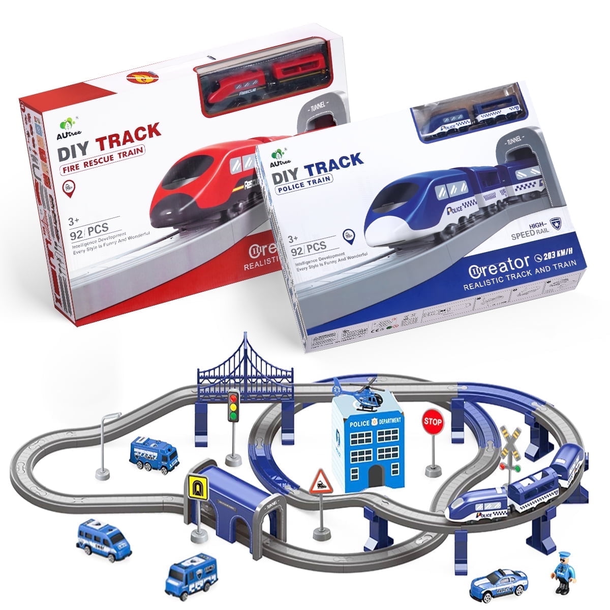 Toys Train Set for Kids, HDJ 92PCS Race Track Set for Boys Christmas Train Birthday Gift,Police Toy with Cars, Copter(Blue)