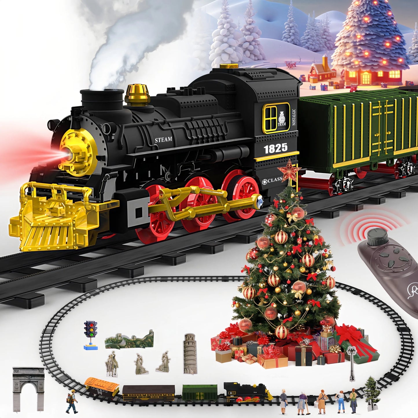 Teblint Train Set Toy with Remote Control, Electric Toy Train with Smoke, Lights & Sound, Rechargeable Steam Locomotive Engine Train Toy for 3 4 5 6 7 8+ Years Old Kids, Christmas Birthday Gift