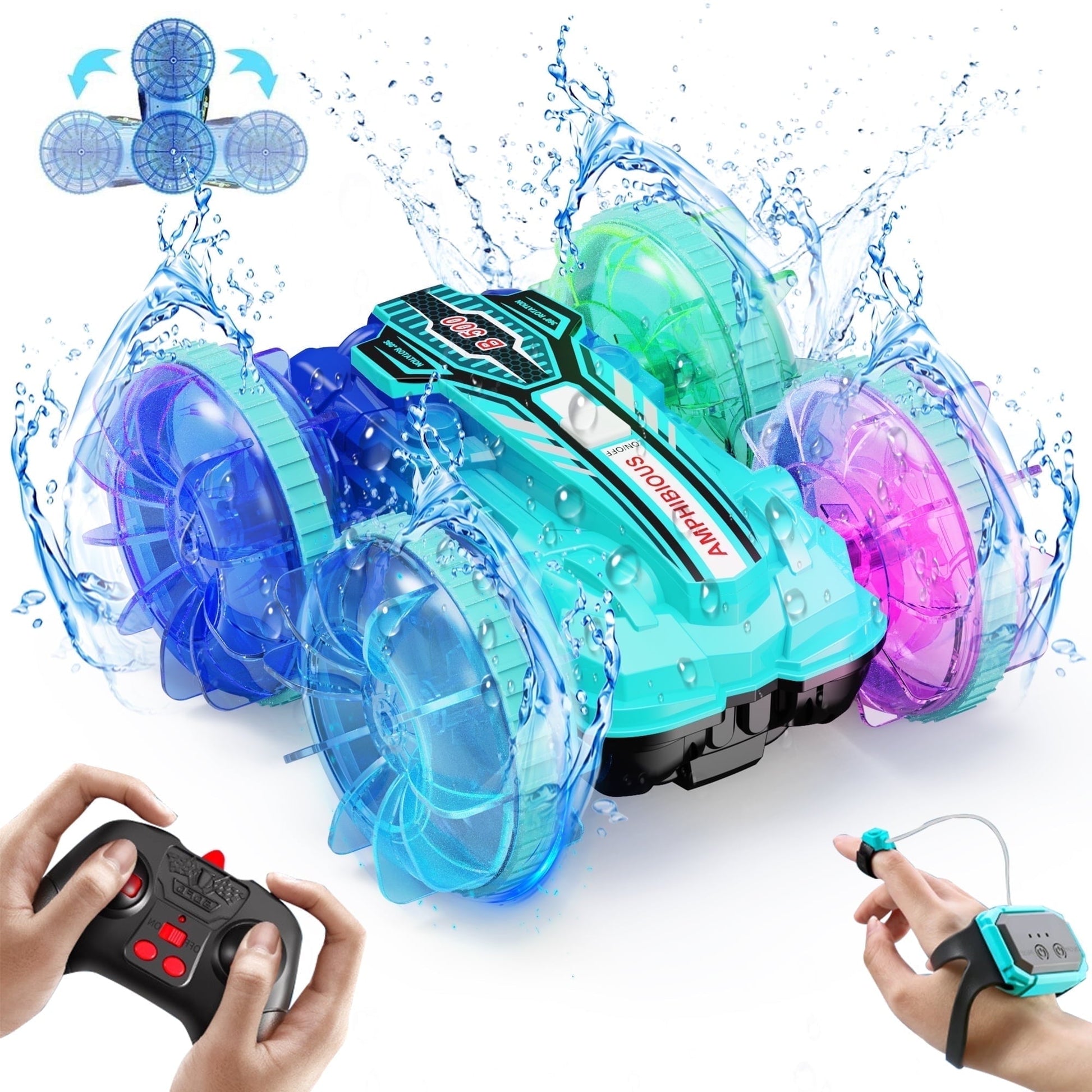 UUGEE Remote Control Cars, RC Car Toys for Kids 8+ Years Old Boys Girls Gifts, 4WD Gesture 360° Rotating Drift Amphibious RC Stunt Cars Boat with LED Lights - Blue