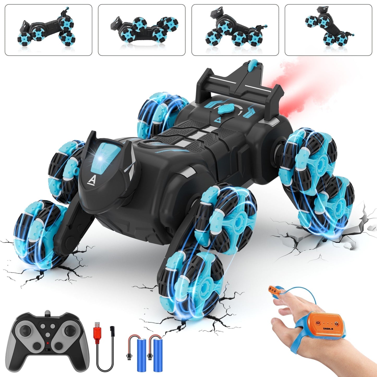 Yexmas 8WD Gesture Sensing Stunt Rc Cars,2.4GHz Hand Remote Control Car with Lights Music Spray for Christmas Birthday Party Present,Gift for 7 8 9 year old boys
