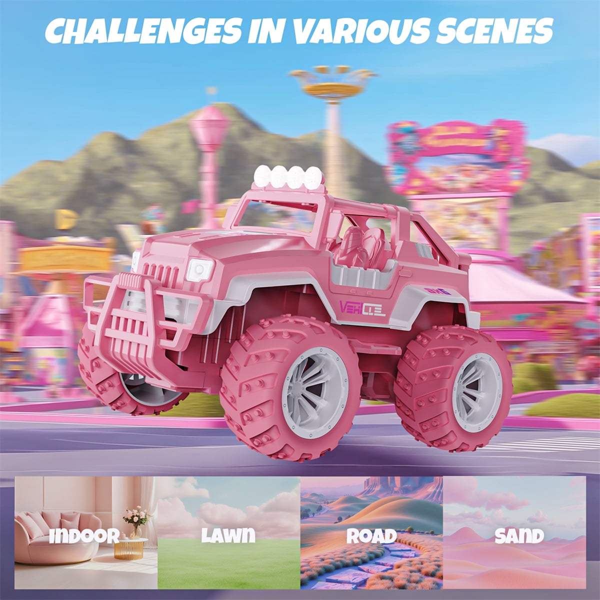 YCFUN Remote Control Car for Girls, 1:16 Pink RC Jeep Car with Lights, 2 Dolls, 4 Windmills & 2 Rechargeable Batteries, RC Truck Gifts for Kids