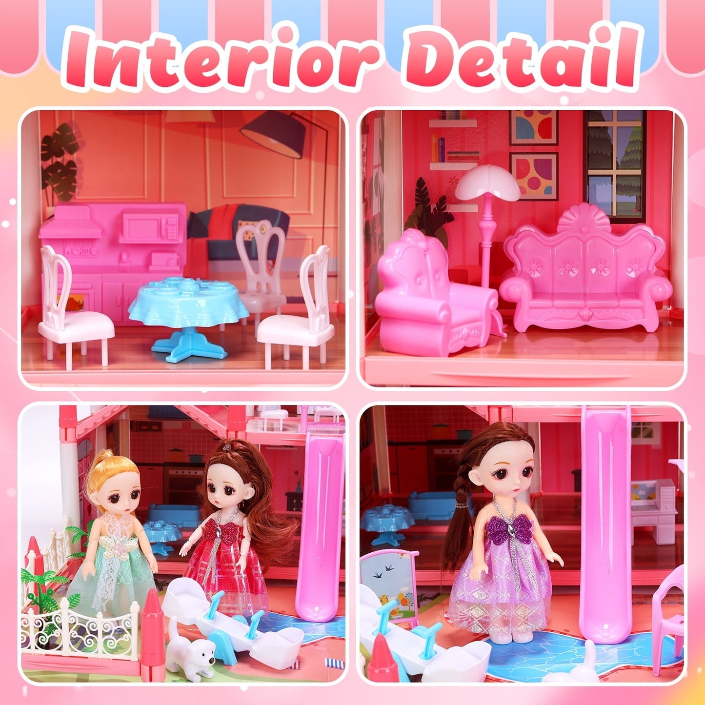 JoyStone Play Dollhouse with Doll Toy Figures, 14 Rooms Furniture and Colorful Lights, Creative Doll House Gift for Girls Ages 3+, Assemble Required, Pink