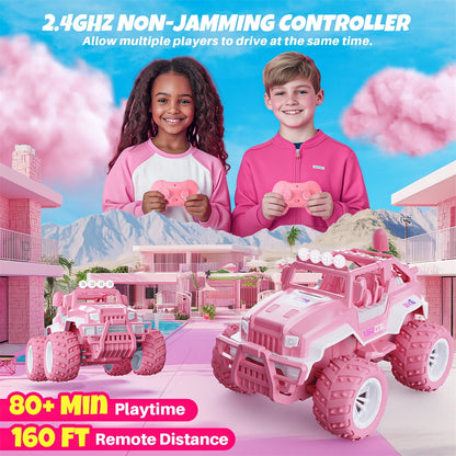 YCFUN Remote Control Car for Girls, 1:16 Pink RC Jeep Car with Lights, 2 Dolls, 4 Windmills & 2 Rechargeable Batteries, RC Truck Gifts for Kids