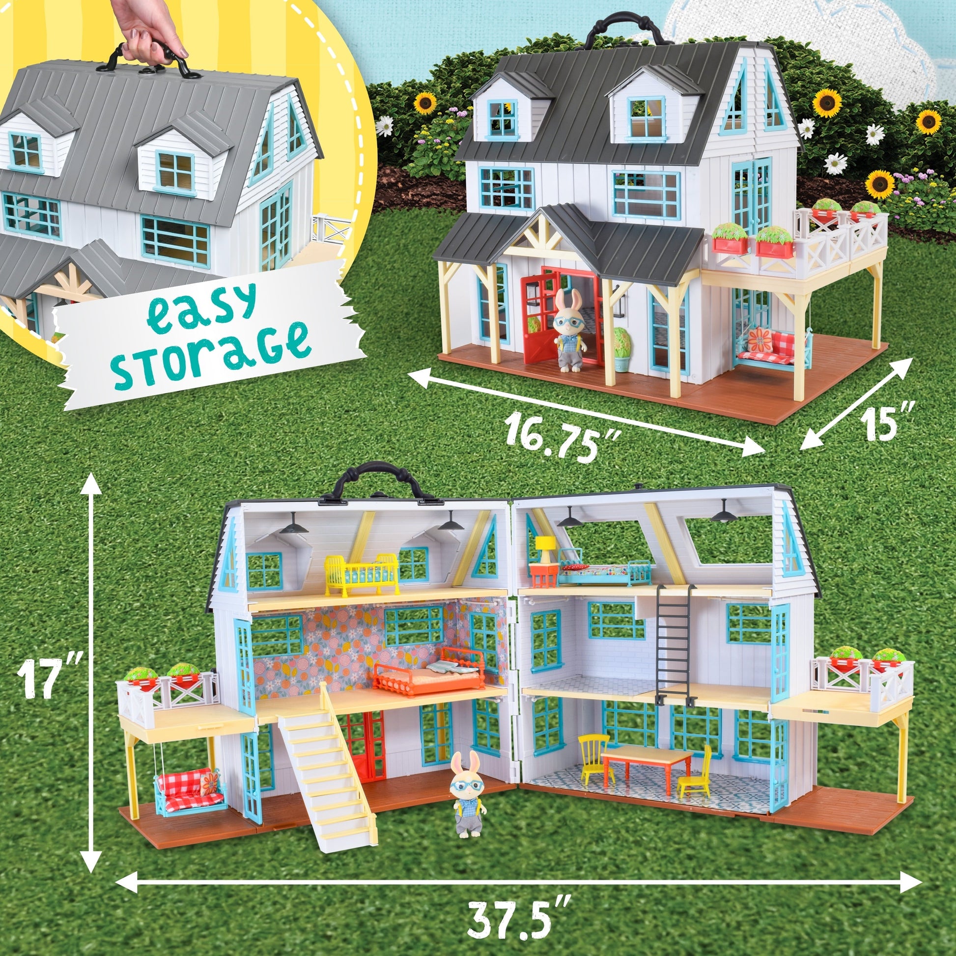 Honey Bee Acres Buzzby Farmhouse – 25 Piece Three-Story Country Dollhouse with Furniture & Exclusive Rabbit Figure – Doll Playset for Kids Ages 3+