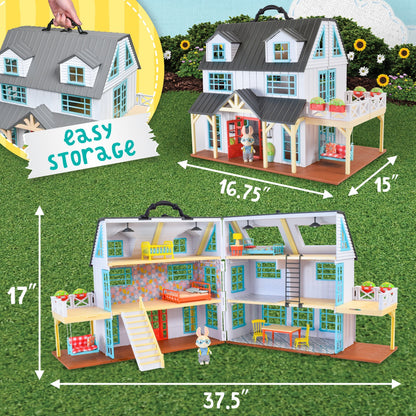 Honey Bee Acres Buzzby Farmhouse – 25 Piece Three-Story Country Dollhouse with Furniture & Exclusive Rabbit Figure – Doll Playset for Kids Ages 3+