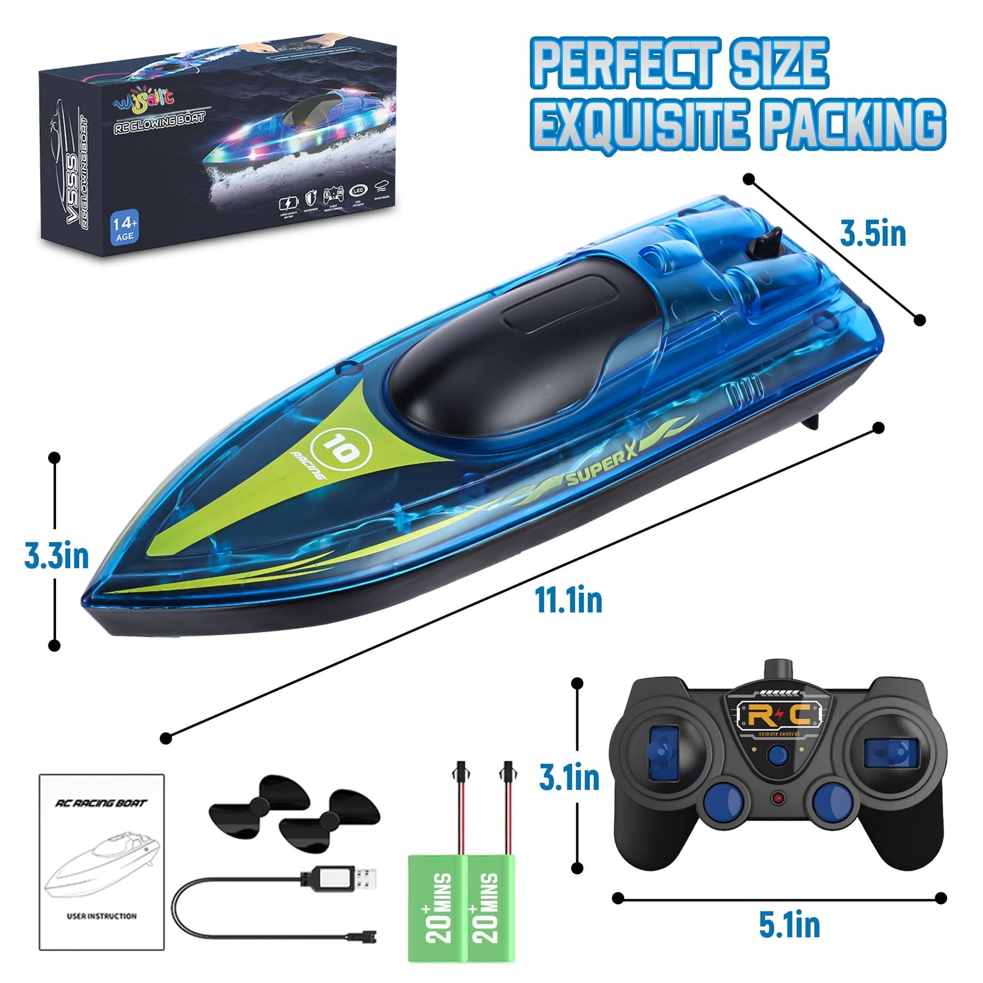Wisairt 15Km/h Remote Control Boat with LED Lights for Pools/Lakes, 2.4GHz High Speed RC Boat with 2 Rechargeable Batteries, Perfect Summer Water Toys for Ages 10+ (Blue)