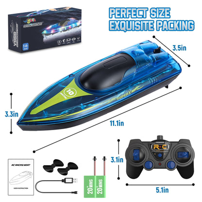Wisairt 15Km/h Remote Control Boat with LED Lights for Pools/Lakes, 2.4GHz High Speed RC Boat with 2 Rechargeable Batteries, Perfect Summer Water Toys for Ages 10+ (Blue)