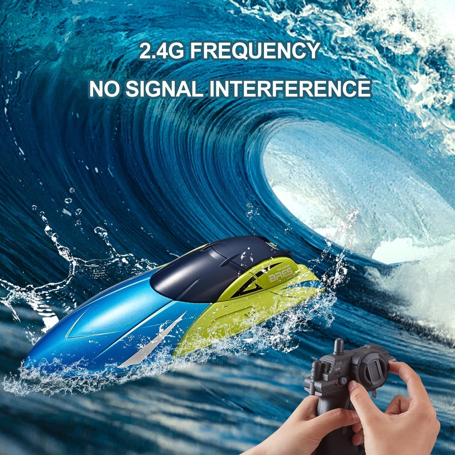 Anpro RC Boat for Pools and Lakes, 2.4G High Speed Waterproof Remote Control Boat with 2 Rechargeable Batteries, Racing Boats for Kids & Adults, Gifts for Boys Girls, Blue