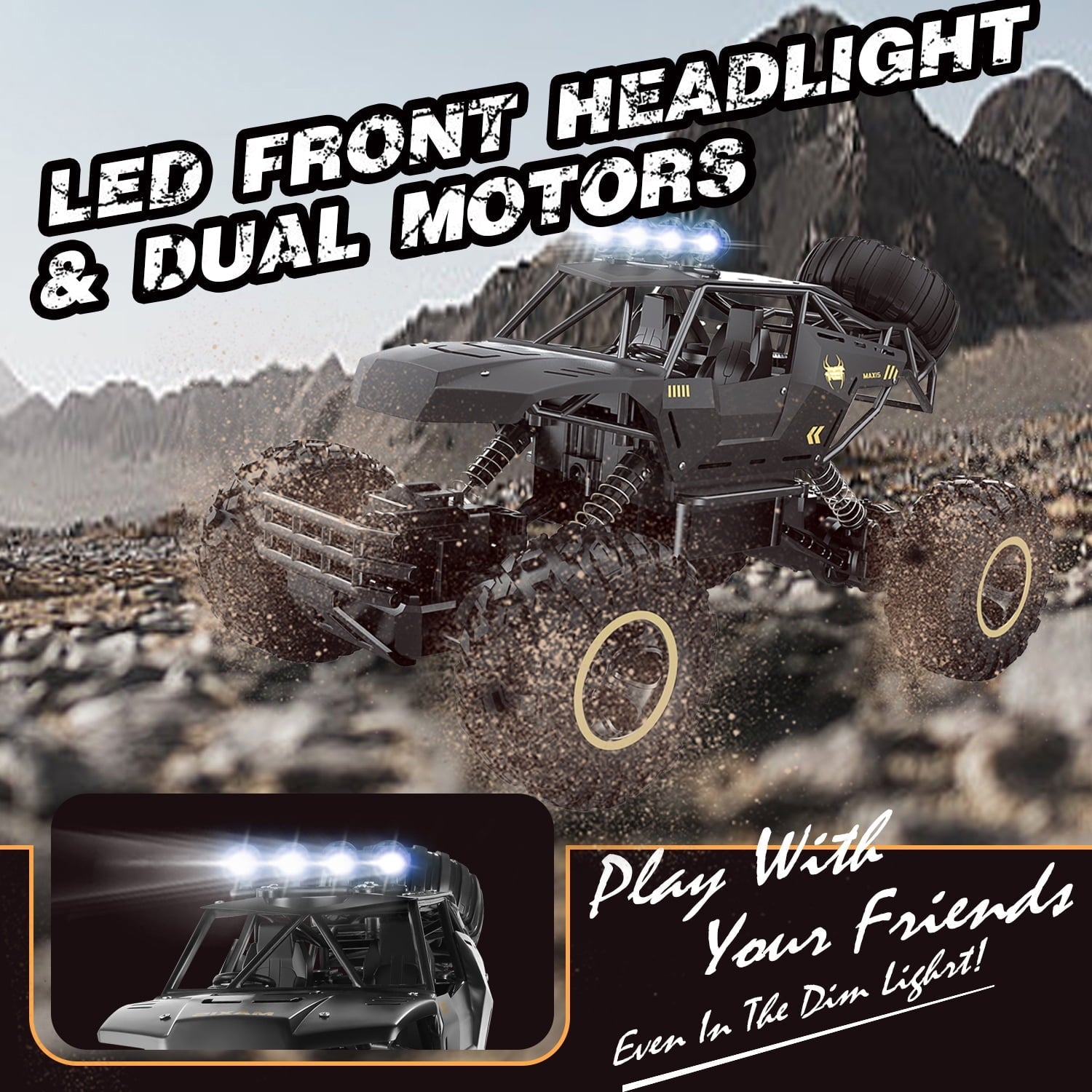 4DRC 1:12 Rc Car,off Road Truck Remote Control Car Metal Shell 2.4G 4WD Dual Motors, with 2 Batteries Black