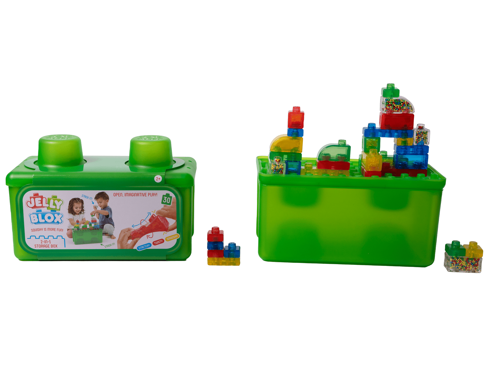 Jelly Blox - Stash & Stack 2-in-1 Storage Case by Goliath | 30 Pieces to Squeeze, Stretch, Squish | Toddler & Preschool Building Blocks | Ages 2+