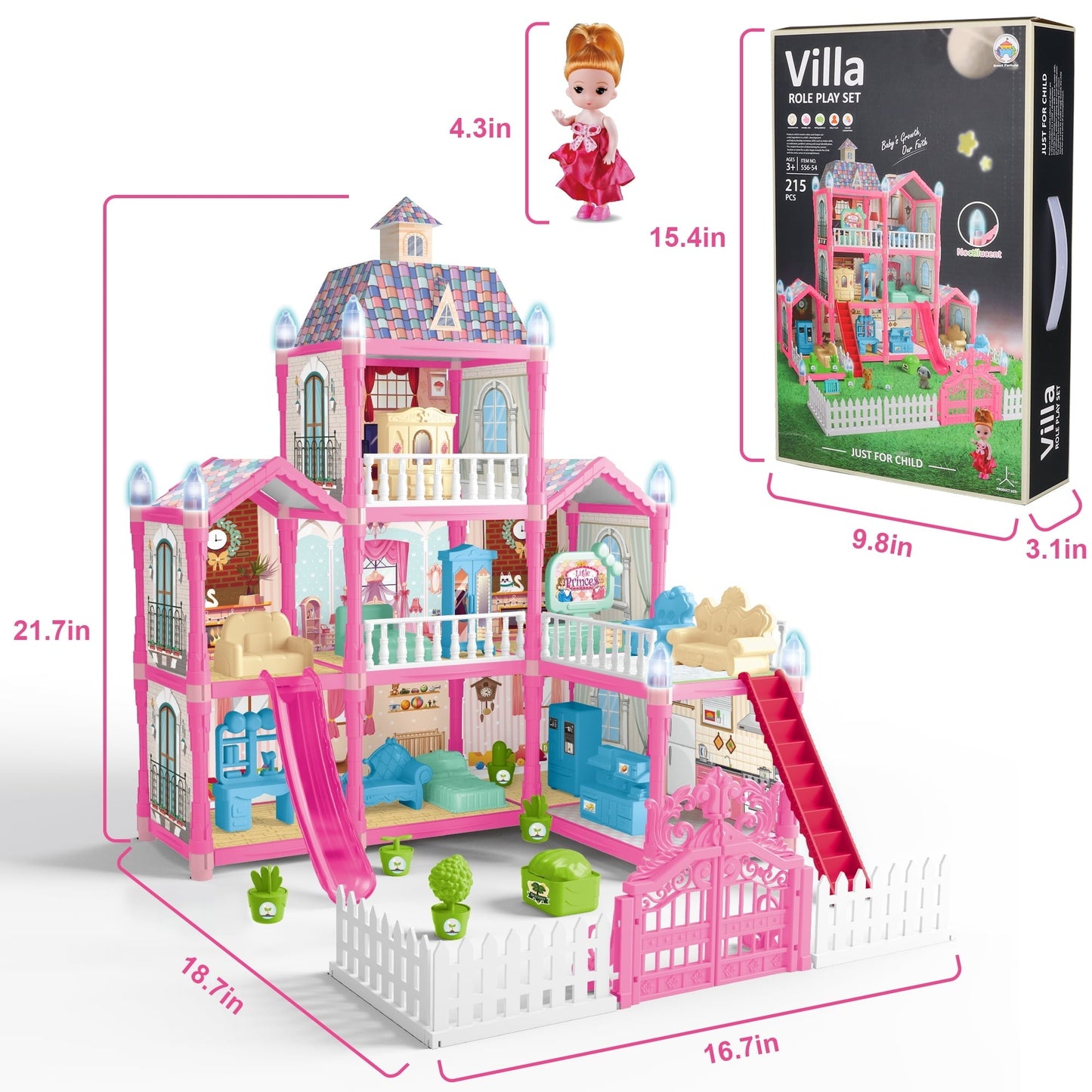 Hot Bee Girls Dollhouse with Slide, Pink, 16.7''