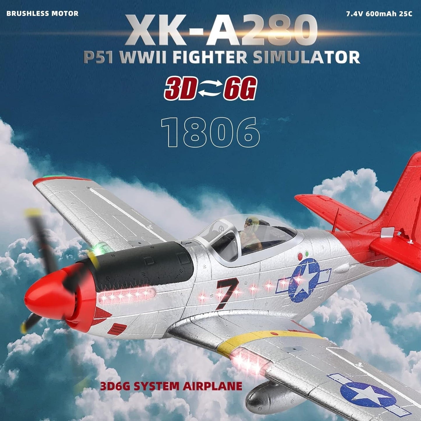 RC Plane, 2.4GHz 4 Channel Brushless Remote Control Jet Airplane for Adults, WLtoys RC Aircraft Fighter with 6-Axis Gyro, LED Searchlight, Easy to Fly for Boys and Girls