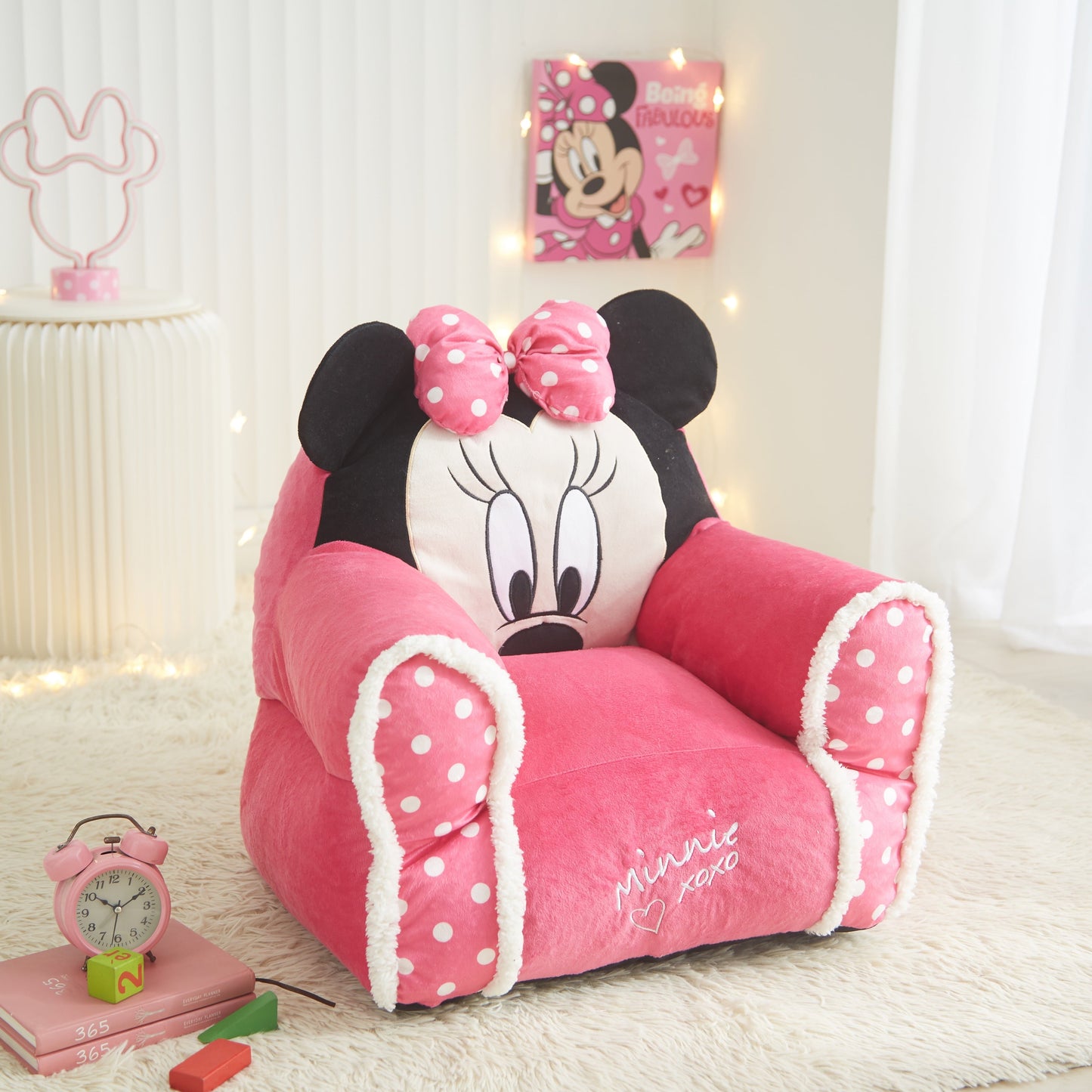 Disney Minnie Mouse Kids Figural Bean Bag Chair with Sherpa Trimming, Multi-Color