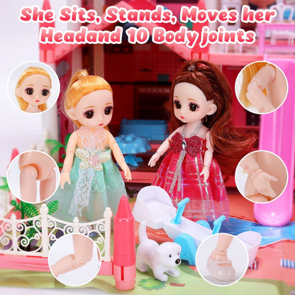 JoyStone Play Dollhouse with Doll Toy Figures, 14 Rooms Furniture and Colorful Lights, Creative Doll House Gift for Girls Ages 3+, Assemble Required, Pink