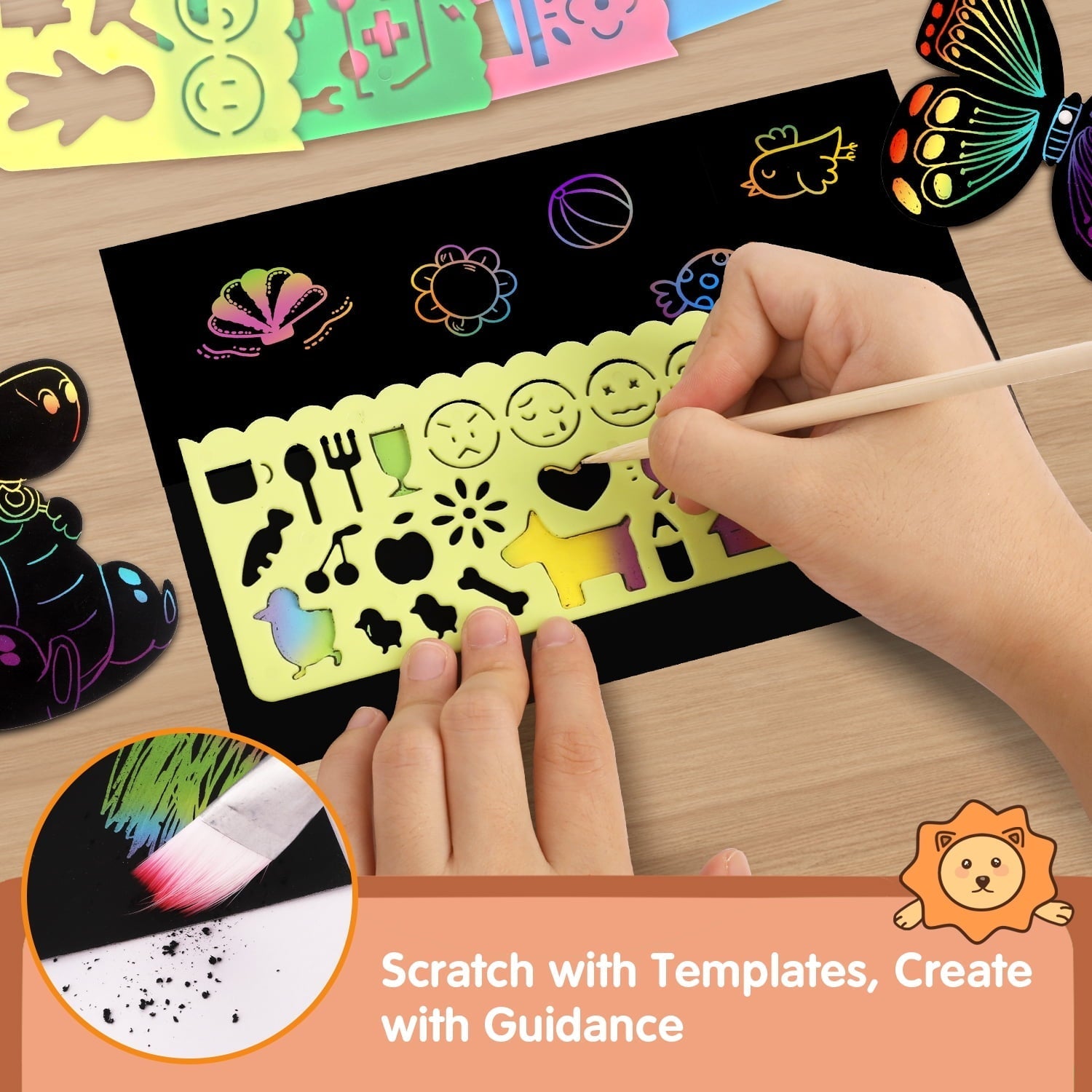 Kibhous Scratch Paper Art for Kids, Rainbow Magic Scratch Art Craft Kit, 107 Piece