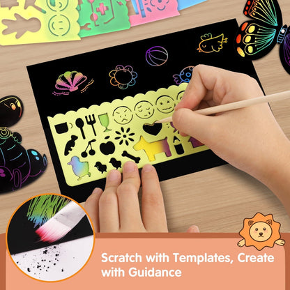 Kibhous Scratch Paper Art for Kids, Rainbow Magic Scratch Art Craft Kit, 107 Piece