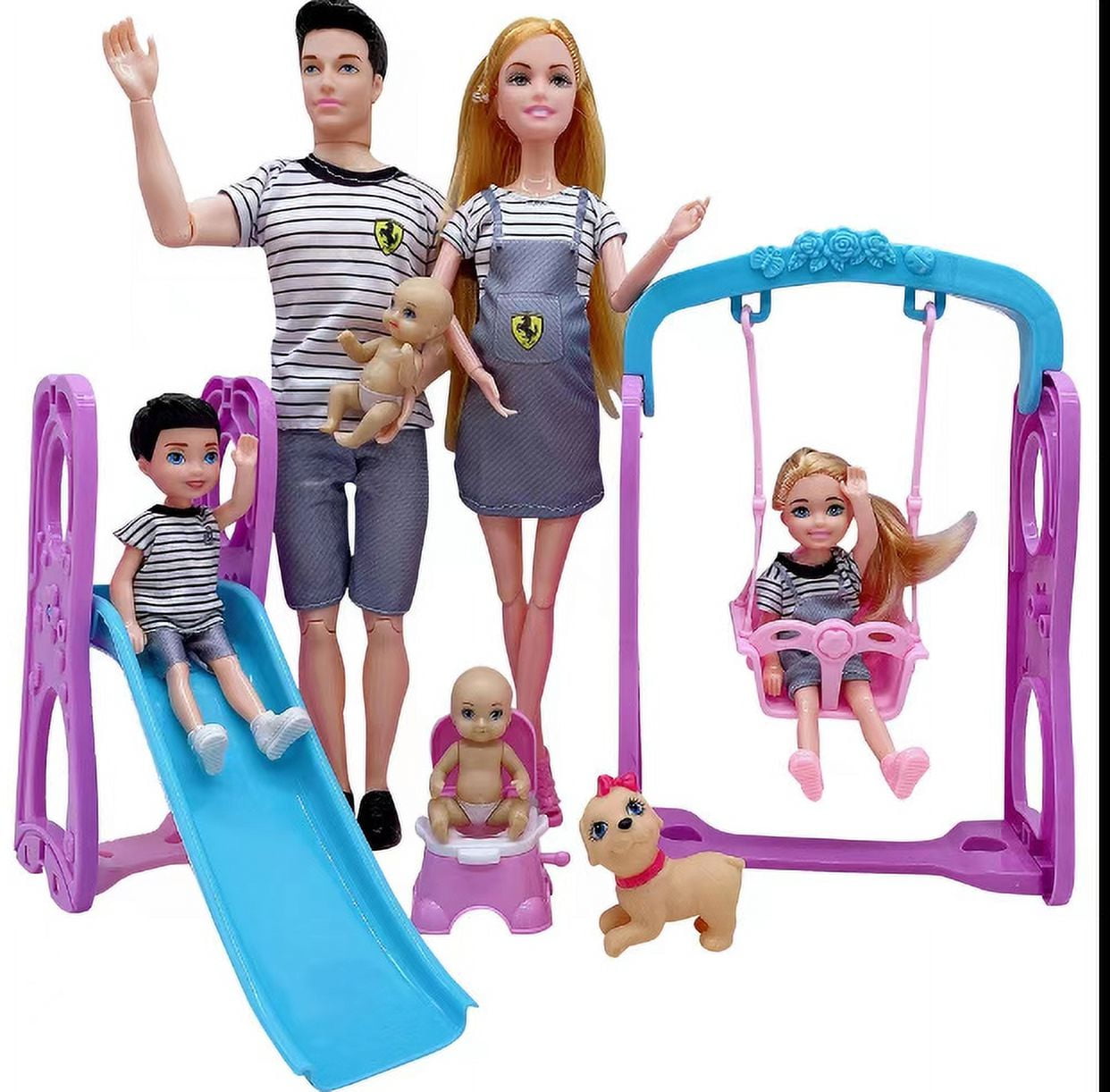 6 People Family Dolls Set with Pregnant Mom Dad 3 Kids Baby Boy in Mommy's Tummy, Toddler Kids Toy Gift Dolls of Happy Family Doll Members Parents & Children with Slide Dog