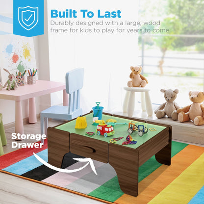 Best Choice Products Wooden Train Set Table for kids, 56pc Multi-Activity Table for Kids w/Toy Storage Drawer & Reversible Top - Walnut