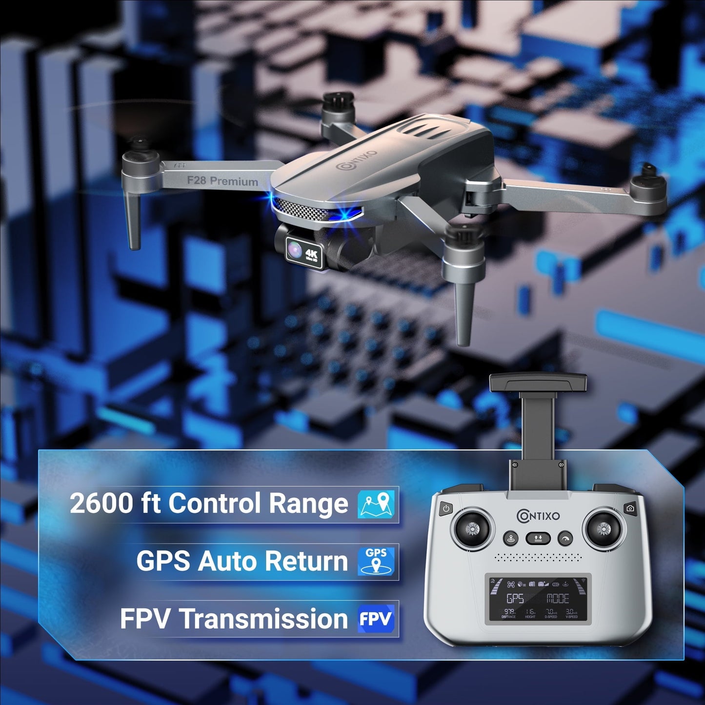Contixo F28 Stratus Max 4K Drone, 2-Axis Gimbal with EIS, 3280ft Range, 26 Min Flight, GPS, Auto-Return, Case