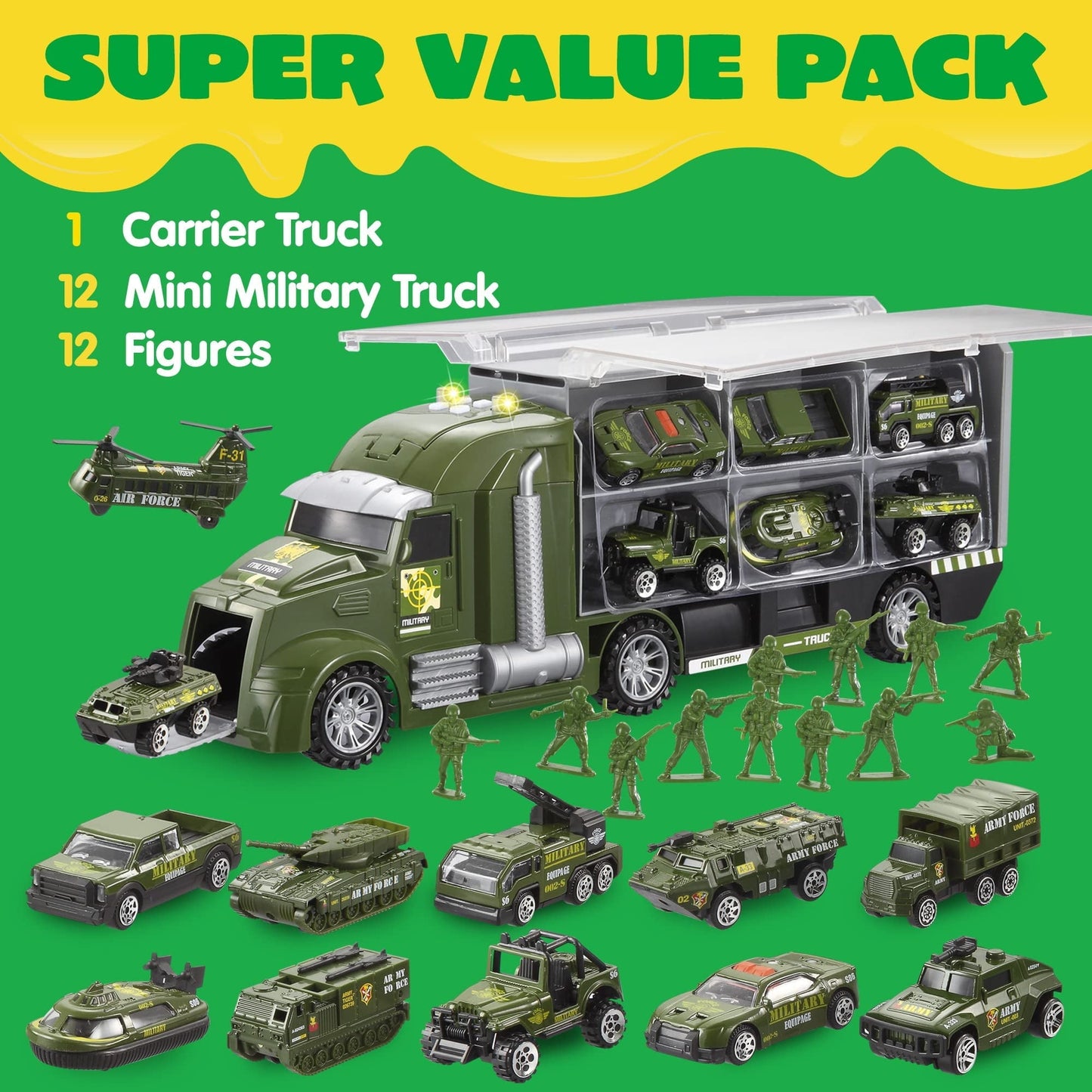 Joyfy 25 in 1 Die-cast Military Army Play Vehicle Set, Vehicles with Sounds and Lights in Carrier Truck, Push and Go Car Toy, Kids Christmas Birthday Gifts for 3 4 5 6 Years Old Boys
