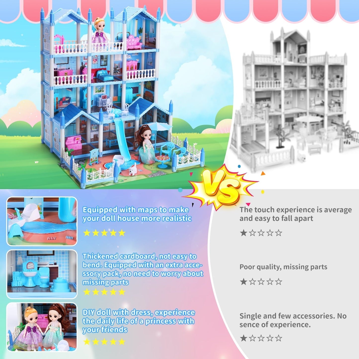 JoyStone Play Dollhouse with Doll Toy Figures, 14 Rooms Furniture and Colorful Lights, Creative Doll House Gift for Girls Ages 3+, Assemble Required, Pink