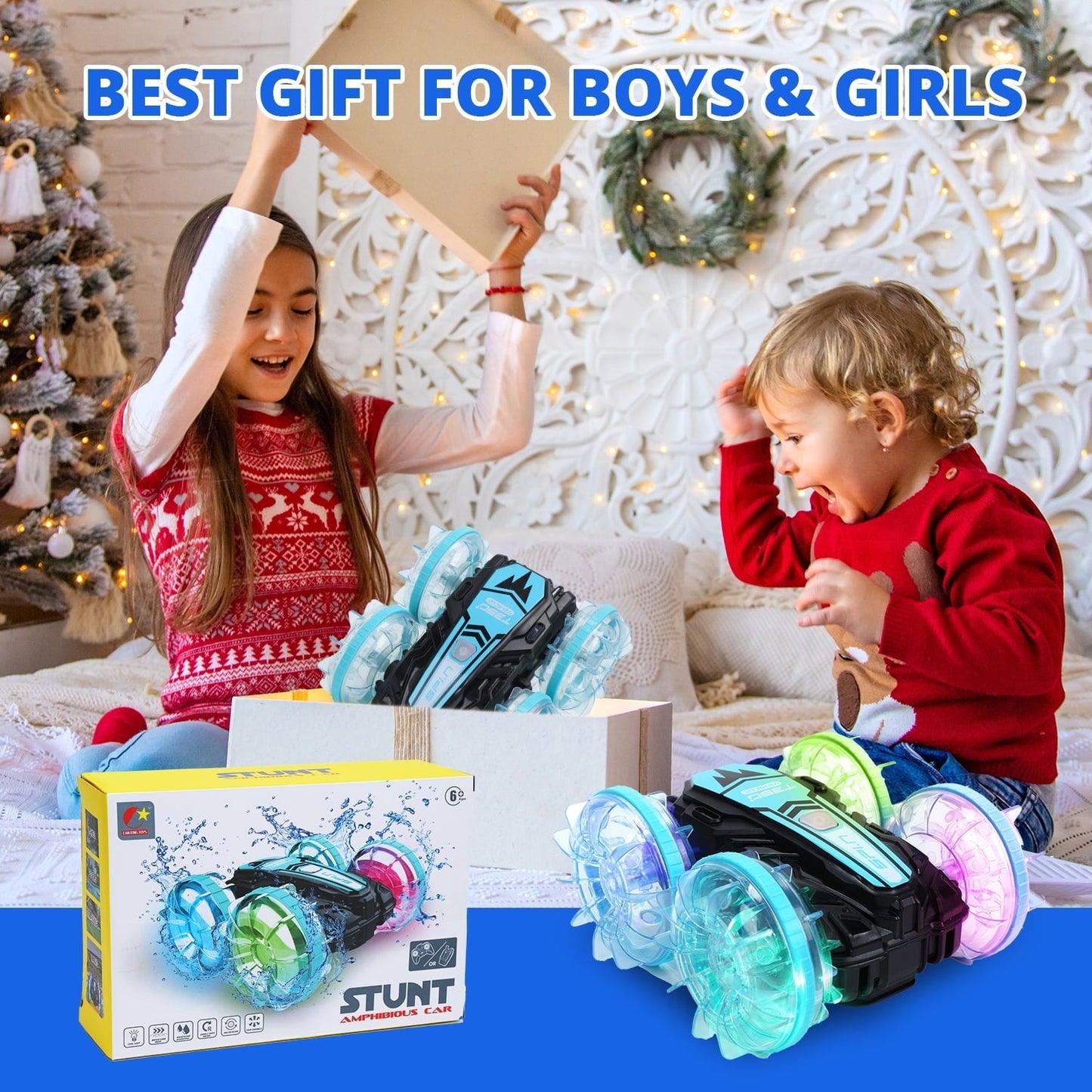 JoyStone Amphibious Remote Control Car Boat with LED Lights, 4WD RC Stunt Car Toy for Boys Girls, Water Beach Pool Toys for Kids Ages 8-12, Blue